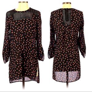 Meadow Rue Anthropologie Black Mini Floral Panel Sheer Tunic Dress Sz S